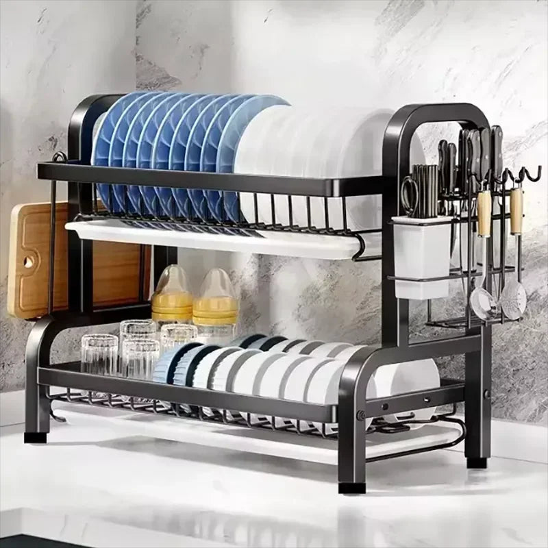 Double Deck Kitchen Rack Stainless Steel Dish Drainer Compact Kitchen Organizer with Utensil Holder Rustproof Countertop Storage