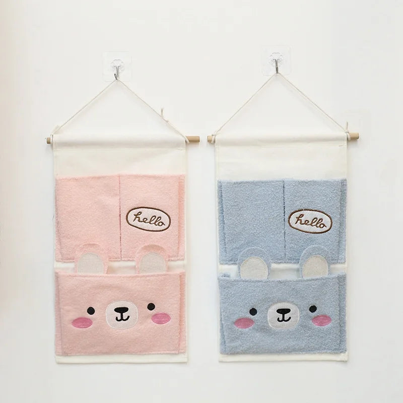 Cartoon Wall Mounted Hanging Bag Teddy Velvet Material Cute Bear Plush Storage Bag Multi-Purpose Wall Storage Organizer