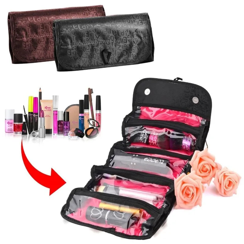 Large Capacity 4-Layer Roll-up Travel Storage Bag Foldable Toiletry Organizer Cosmetic Makeup Bag Pouch with Hanging Hook