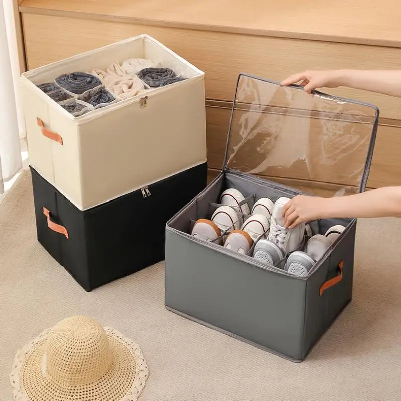 Compartment Shoe Box & Multifunctional Grid Storage Shoe Box Cross-border Foldable Fabric With Cover Dustproof And Washable Sundries Storage Box