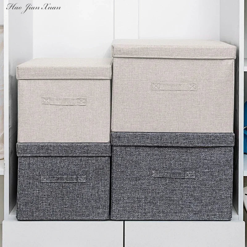 Gray Storage Box With Lid Washable Cotton Linen Fabric Folding CD Storage Box Foldable-(No 05)