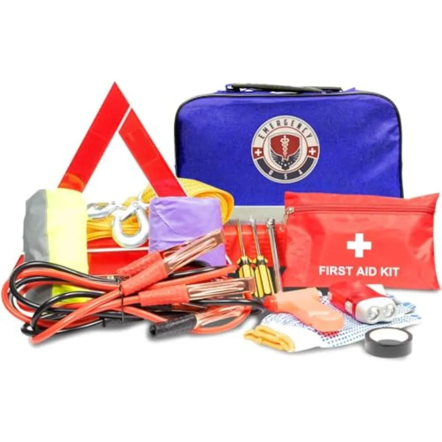 Roadside Car Emergency Kit - First Aid Set Jumper Cables Tow Strap LED Flash Light Rain Coat Tire Pressure Gauge Safety