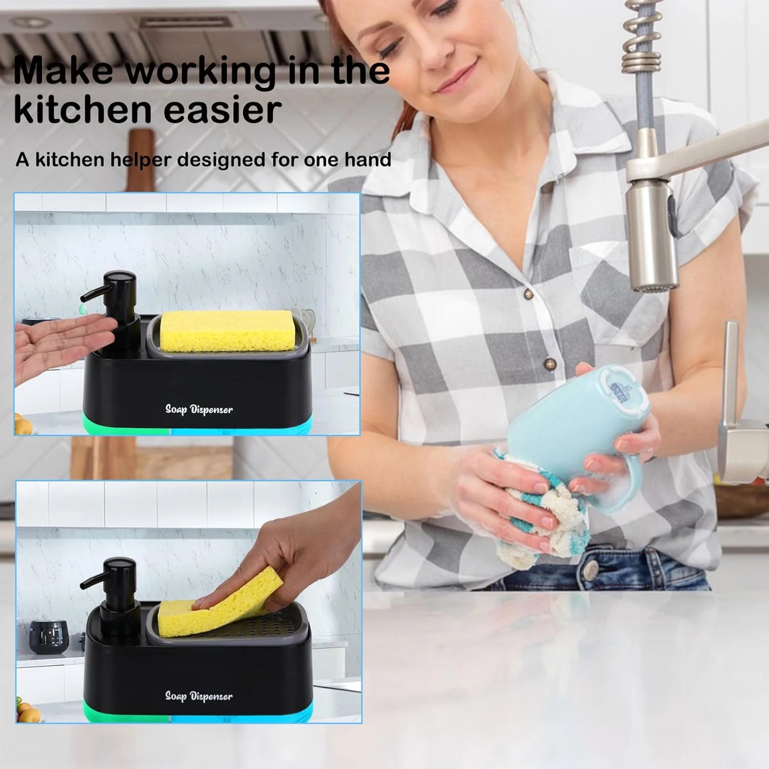 Multifunctional Kitchen & Bathroom Soap Dispenser with Sponge Holder-Space Saving Countertop Organizer, No Electricity Required