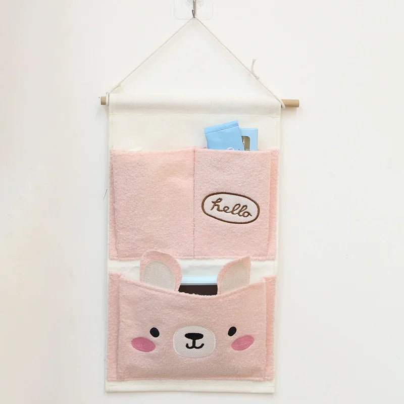 Cartoon Wall Mounted Hanging Bag Teddy Velvet Material Cute Bear Plush Storage Bag Multi-Purpose Wall Storage Organizer