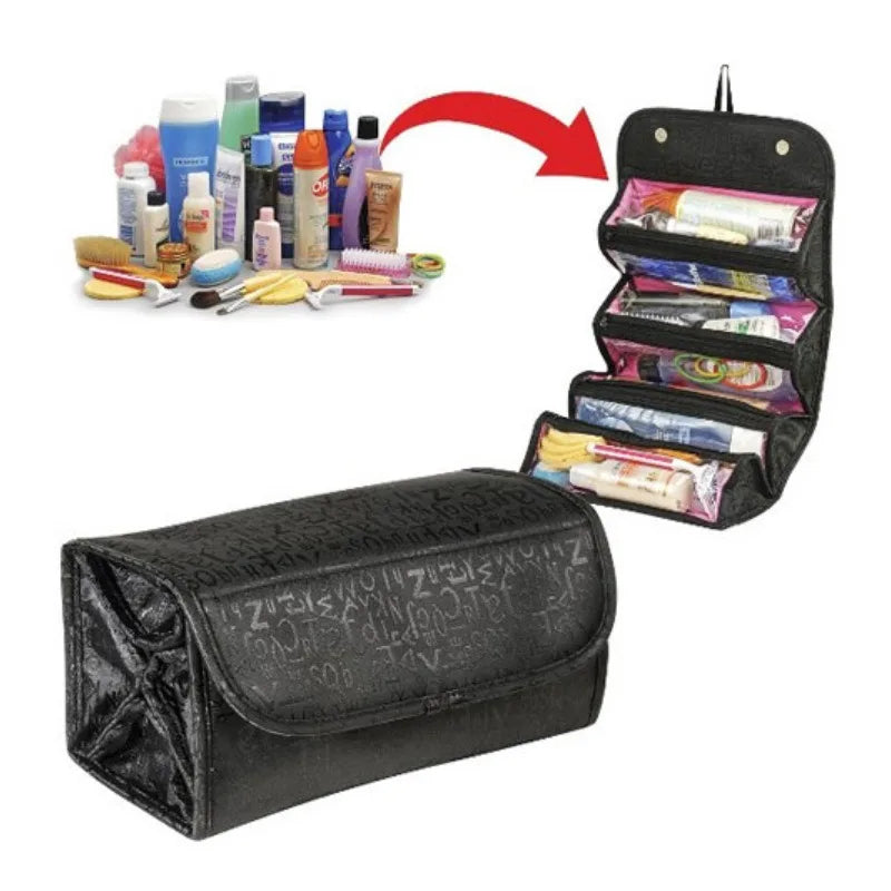 Large Capacity 4-Layer Roll-up Travel Storage Bag Foldable Toiletry Organizer Cosmetic Makeup Bag Pouch with Hanging Hook