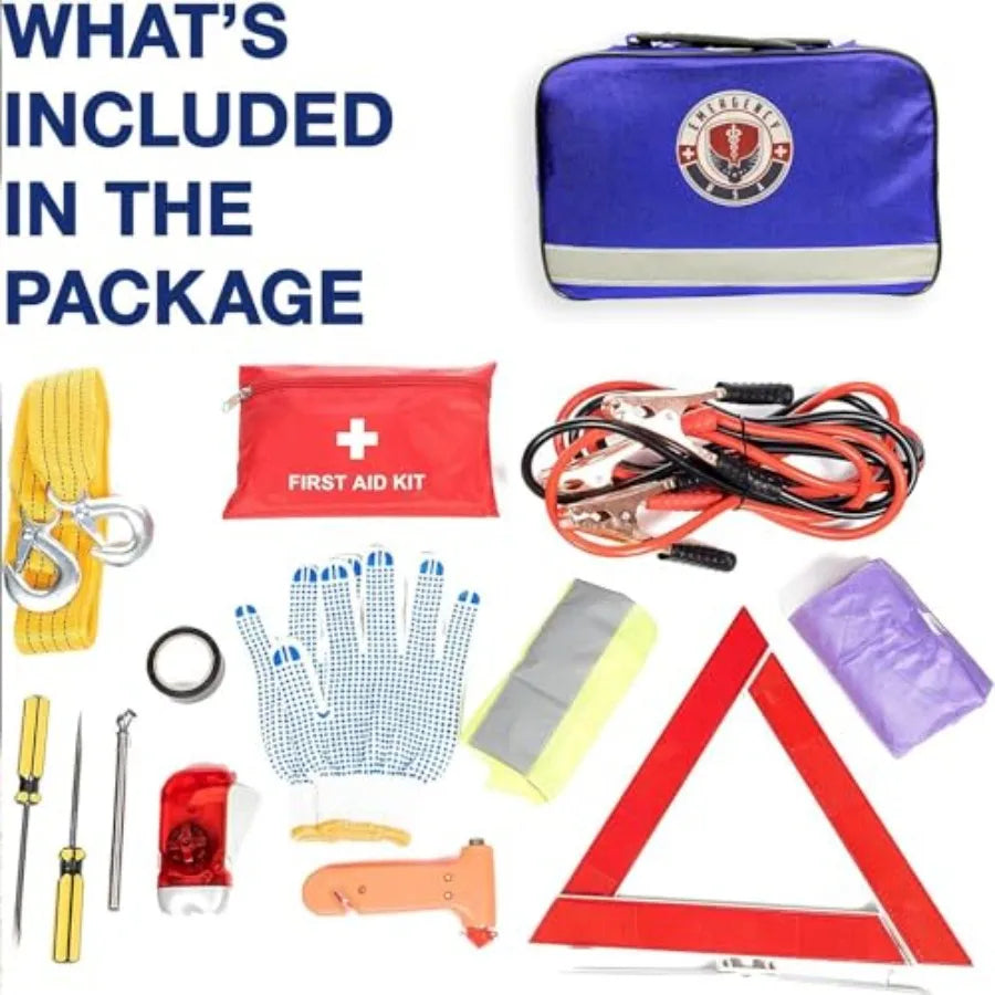Roadside Car Emergency Kit - First Aid Set Jumper Cables Tow Strap LED Flash Light Rain Coat Tire Pressure Gauge Safety