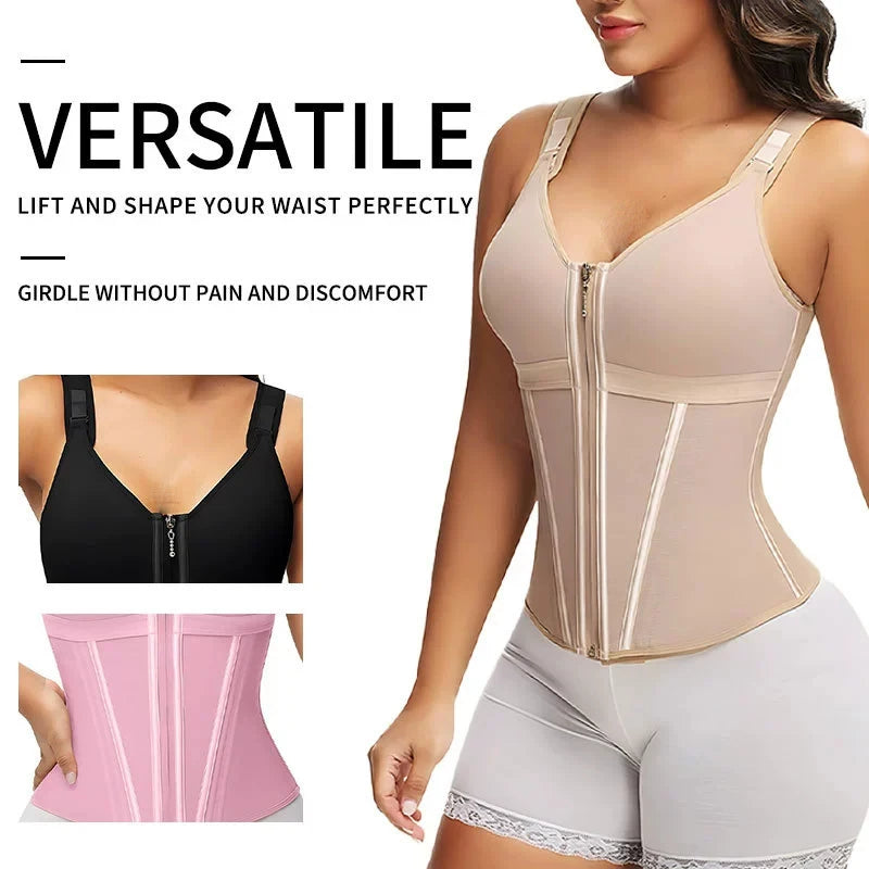 Shapewear Women Colombian Fajas Waist Trainer Tummy Control Vest Body Shaper 17 Steel Bones 3-Row Hooks Zipper Adjustable Strap