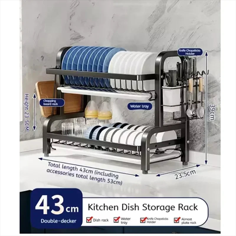Double Deck Kitchen Rack Stainless Steel Dish Drainer Compact Kitchen Organizer with Utensil Holder Rustproof Countertop Storage