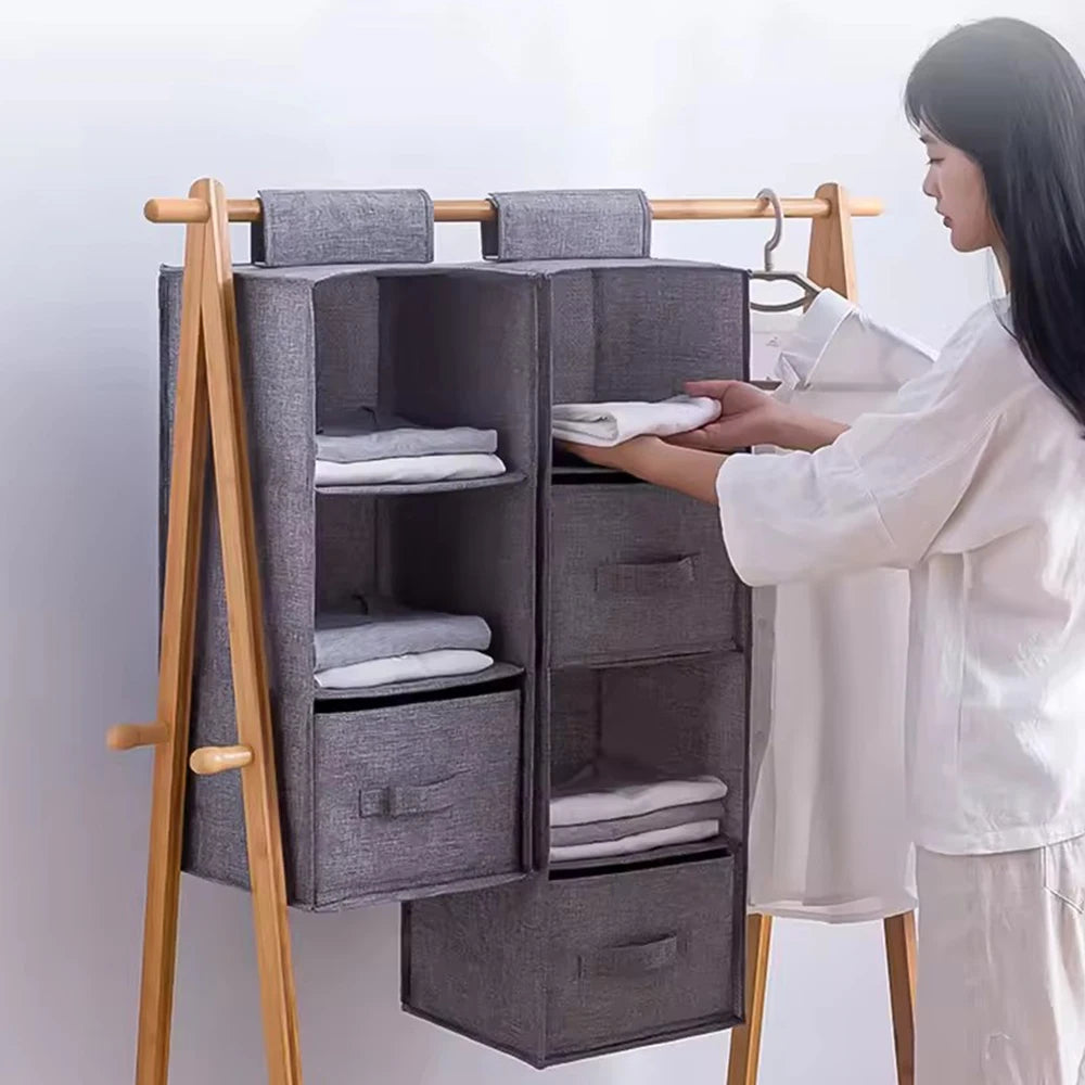 4-Layer Gray Hanging Bag Wardrobe Hanging Storage Bag Interlayer Drawer Type Clothes Organizer Collapsible Hanging Storage-(04)