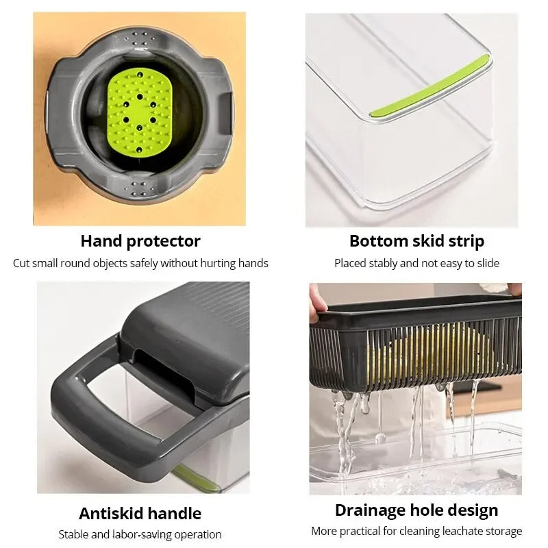 Green Black 14 in 1 Multifunctional Vegetable Slicer Cutter Shredders Slicer With Basket Fruit Potato Chopper Carrot Grater