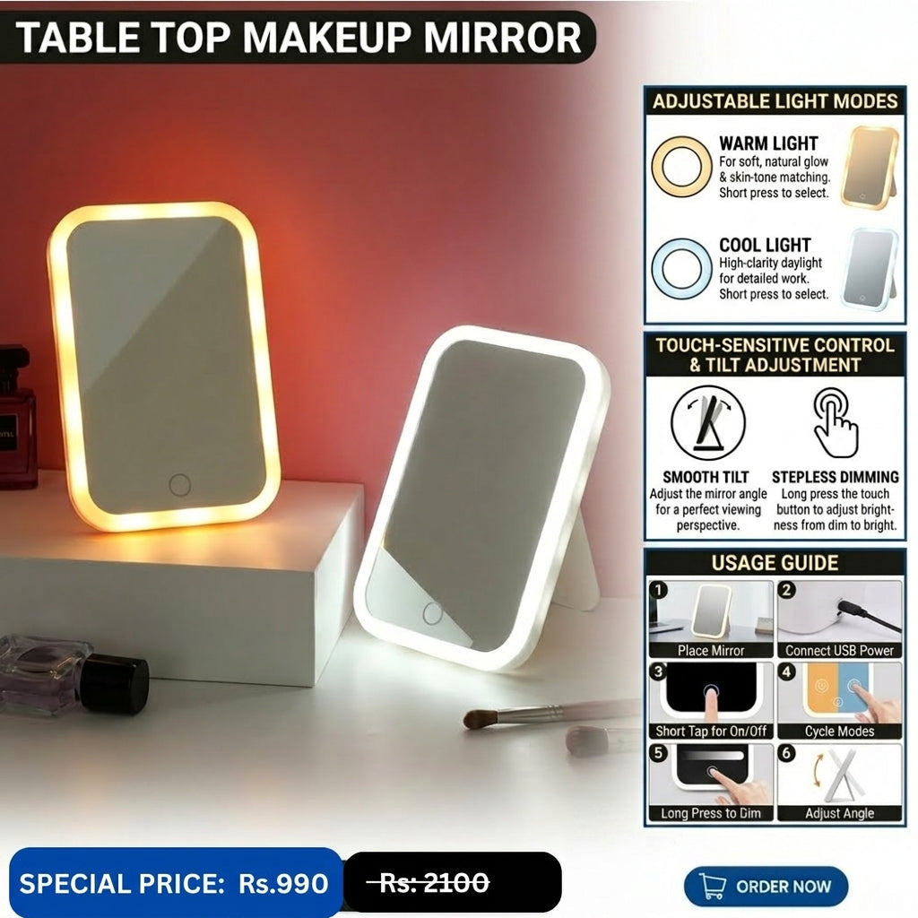 LED Makeup Mirror with Touch Sensor 3 Color Lighting Adjustable Brightness Folding Tabletop Cosmetic Mirror with USB Charging