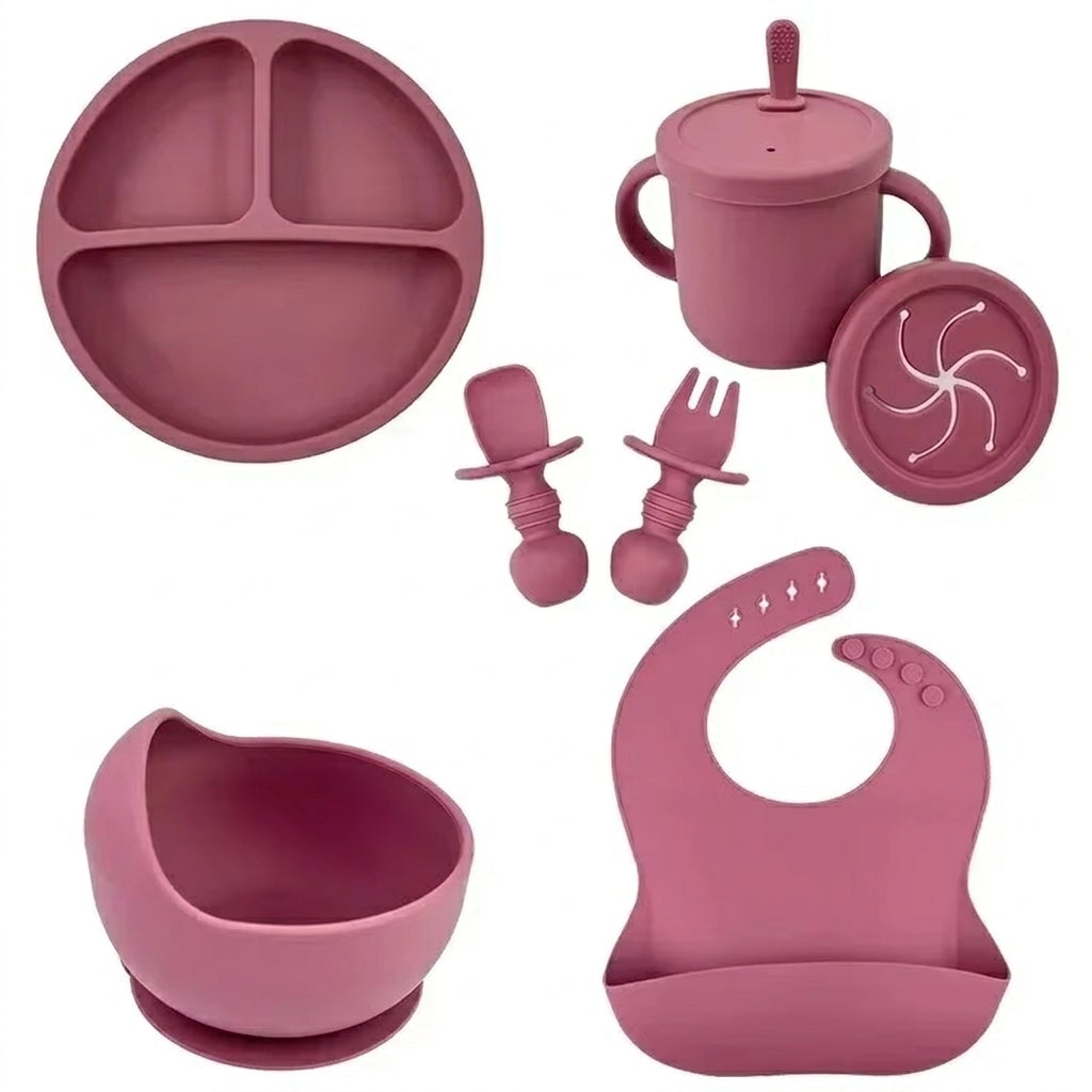 Food Grade Silicone Child Dish Set Baby Feeding Bowl Suction Plate Straw Cup Wooden Spoon Fork for Kids Tableware Toddler Dishes