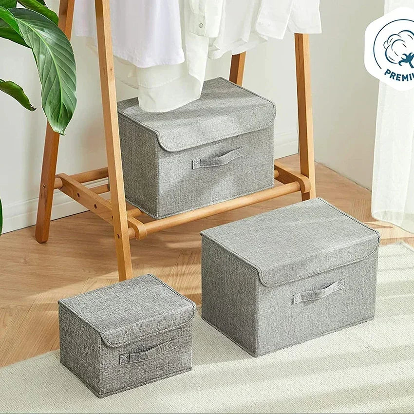Gray Storage Box With Lid Washable Cotton Linen Fabric Folding CD Storage Box Foldable-(No 05)