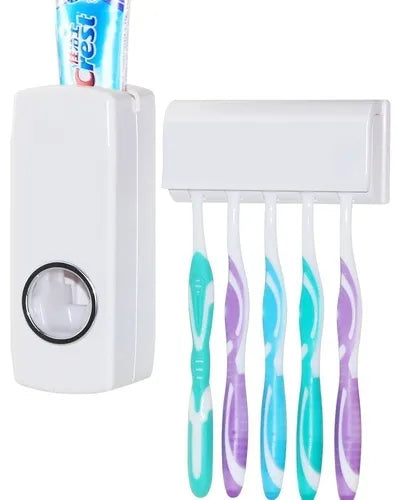 All-In-One Automatic Toothpaste Dispenser with Toothbrush Holder - Innovative Wall-Mounted Dispenser with 5-Slot Toothbrush Holder for Organized Bathroom Storage