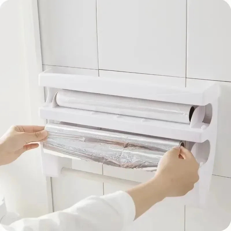 New Multi-function Kitchen Storage Shelf Wrap Plastic Belt Cutter Wrap Cutter Triple Roll Paper Dispenser Tin Film Towel Holde
