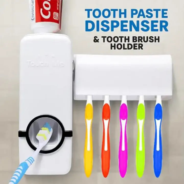 All-In-One Automatic Toothpaste Dispenser with Toothbrush Holder - Innovative Wall-Mounted Dispenser with 5-Slot Toothbrush Holder for Organized Bathroom Storage