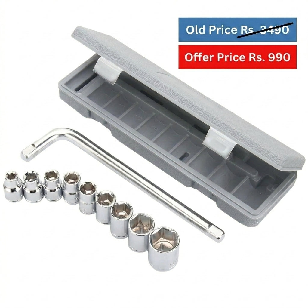 10PCS Socket Wrench Set – 12.5mm (1/2") Drive, Heavy Duty Chrome Steel, Ratchet Handle & Extension Bar