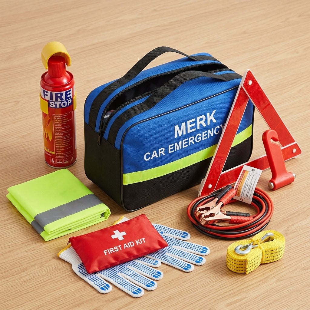 Roadside Car Emergency Kit - First Aid Set Jumper Cables Tow Strap LED Flash Light Rain Coat Tire Pressure Gauge Safety