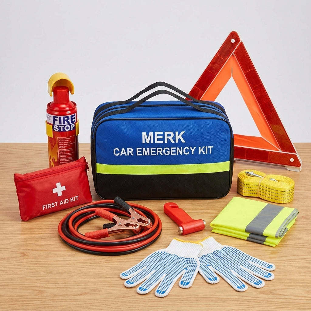 Roadside Car Emergency Kit - First Aid Set Jumper Cables Tow Strap LED Flash Light Rain Coat Tire Pressure Gauge Safety