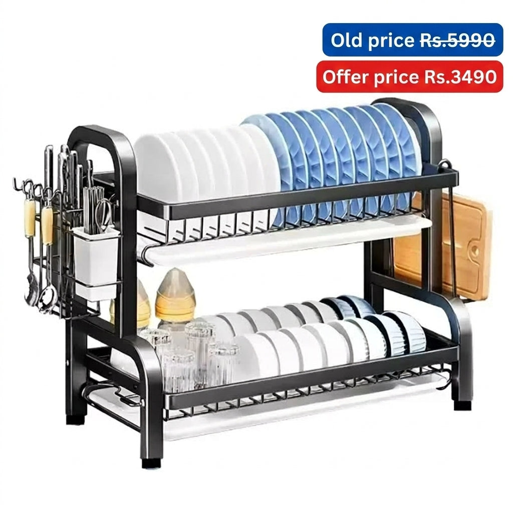 Double Deck Kitchen Rack Stainless Steel Dish Drainer Compact Kitchen Organizer with Utensil Holder Rustproof Countertop Storage