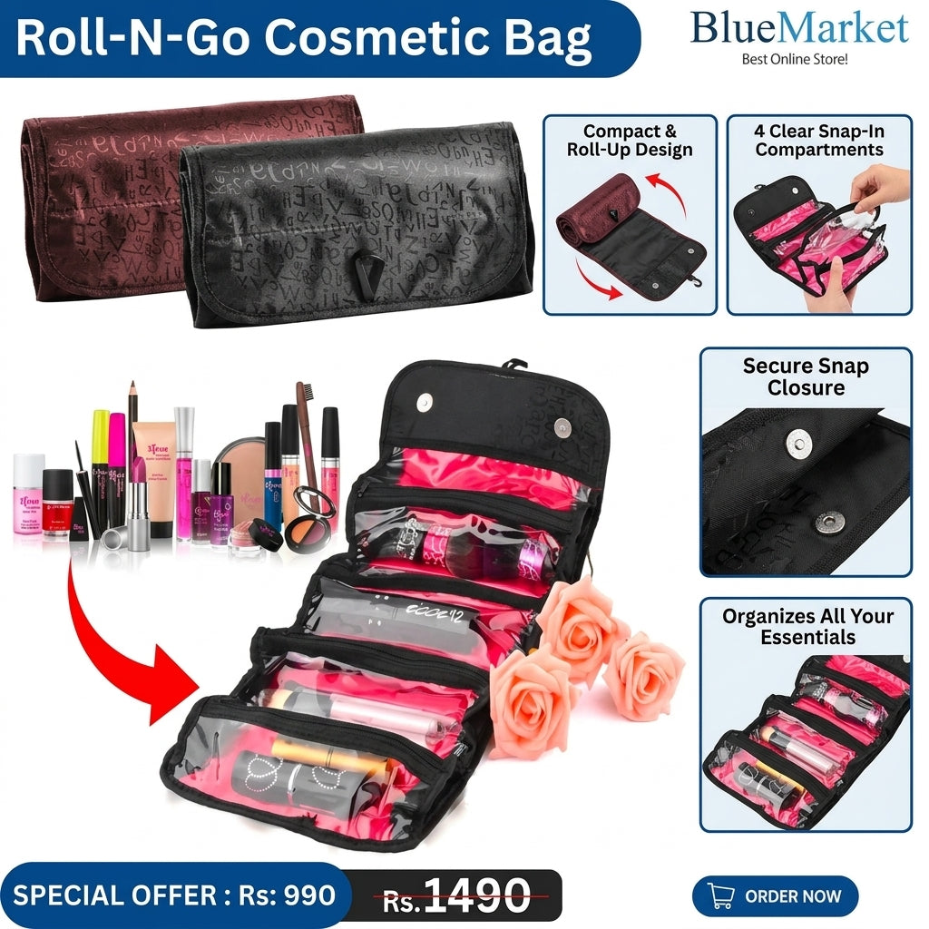 Large Capacity 4-Layer Roll-up Travel Storage Bag Foldable Toiletry Organizer Cosmetic Makeup Bag Pouch with Hanging Hook
