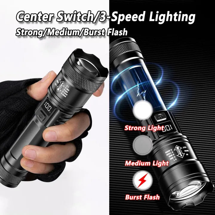 Rechargeable LED Flashl7 w ight Zoomable Torch with LCD Display 3 Modes Waterproof High Power Hand Light Outdoor Wilderness Camping