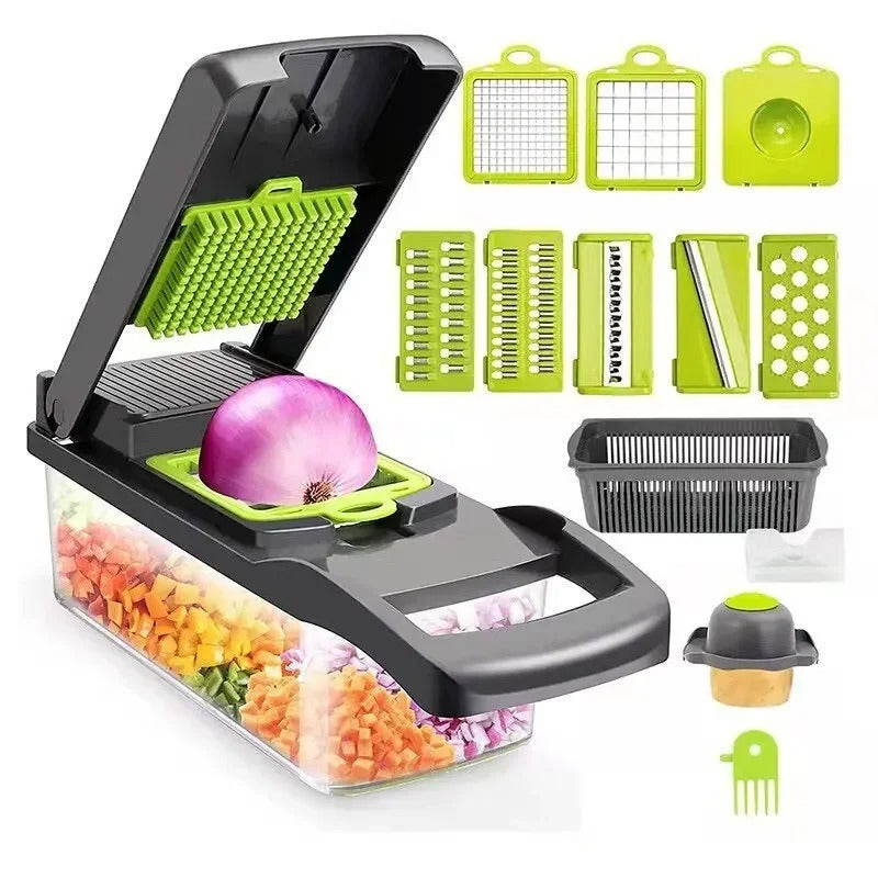 Green Black 14 in 1 Multifunctional Vegetable Slicer Cutter Shredders Slicer With Basket Fruit Potato Chopper Carrot Grater