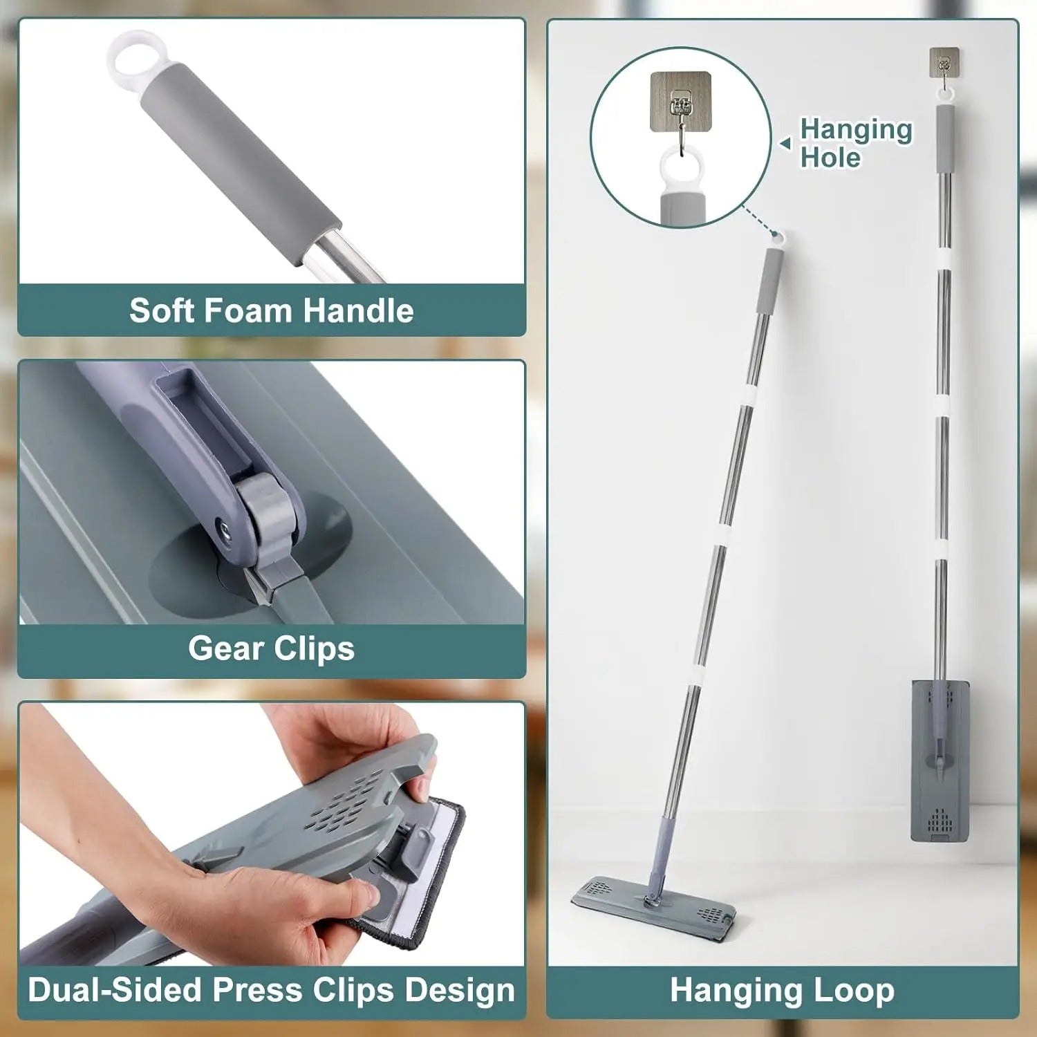 Hands-free Flat Floor Mop Microfiber Magic Cleaning Tool Wet/Dry Use Home Kitchen Household