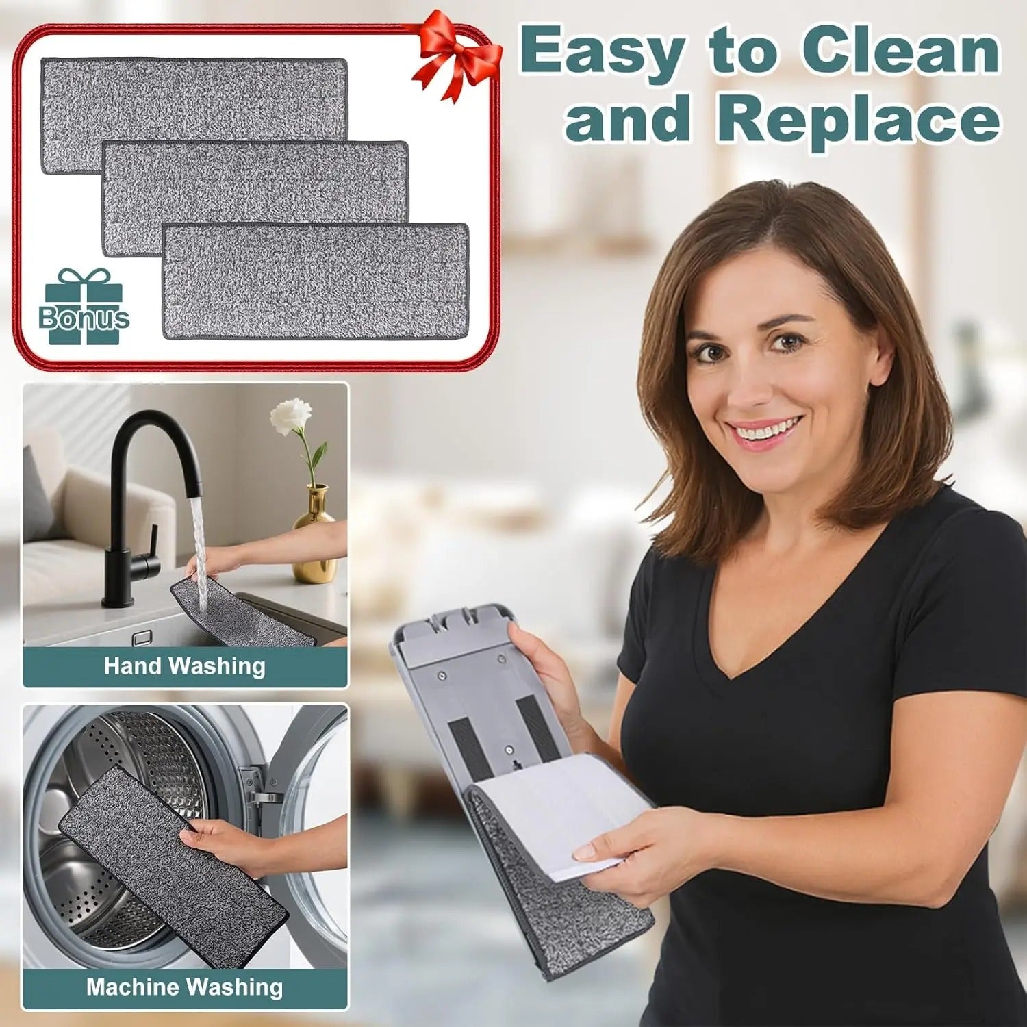 Hands-free Flat Floor Mop Microfiber Magic Cleaning Tool Wet/Dry Use Home Kitchen Household