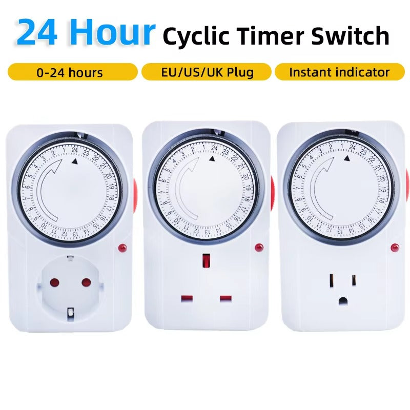 24 Hour Cyclic Timer Switch EU/US/UK Plug Timing Socket Programmable Mechanical Timer Auto Shutdown with Overload Protection