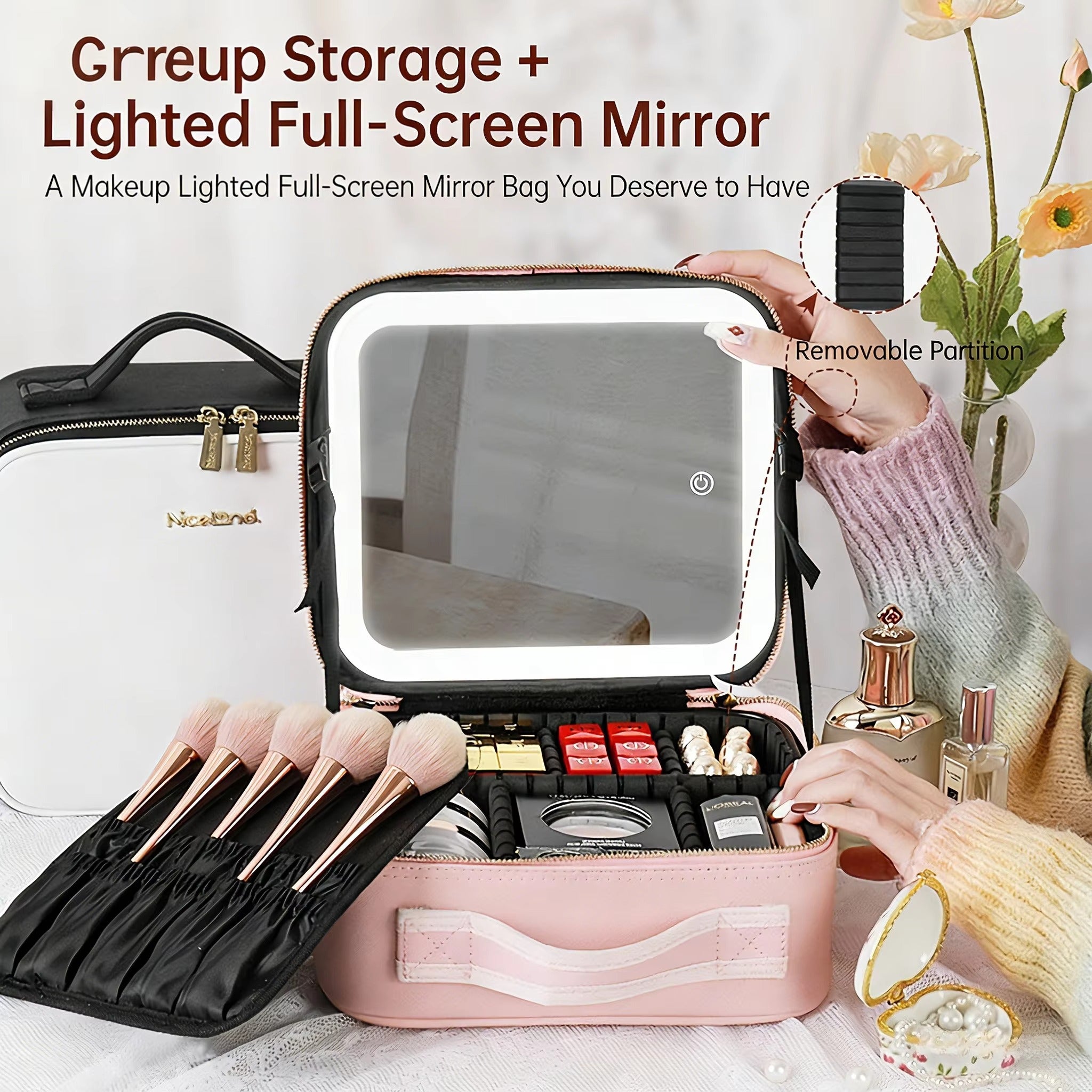 Portable LED Makeup Bag with Mirror&Light Large Capacity Travel Cosmetic Organizer Professional Handheld Cosmetic Storage Box