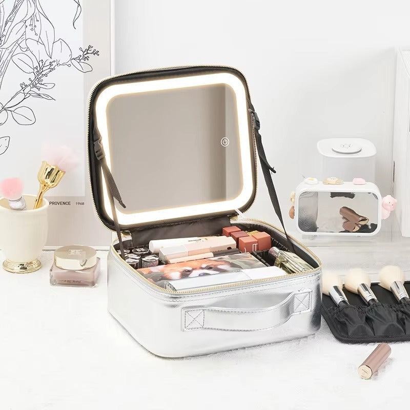 Portable LED Makeup Bag with Mirror&Light Large Capacity Travel Cosmetic Organizer Professional Handheld Cosmetic Storage Box