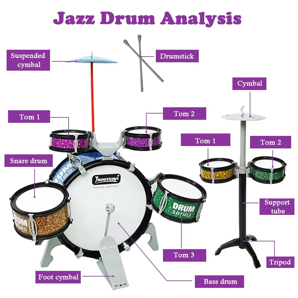 Kids Drum Set Toddler Jazz 3-7Drums With Small Stool Drum Stick Set Music Instrument Educational Toy Montessori Gift Children's